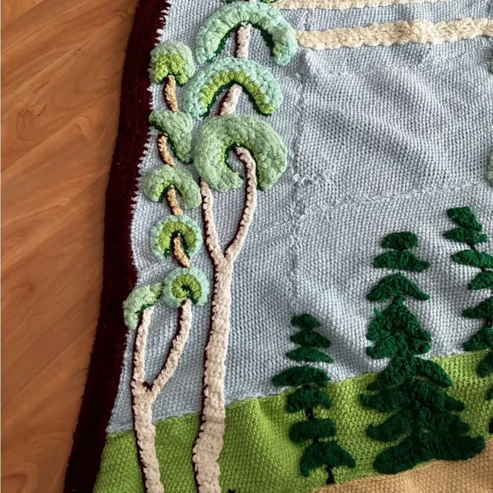 Handmade Crocheted Forest Scene Blanket Afghan 52x35 inches